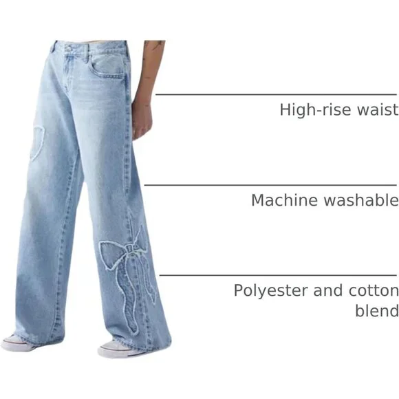 Women's High Rise Straight Leg Denim Jeans Recycled Fiber Embroidery - Picture 4 of 6